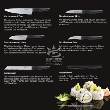Набір кухонних ножів GEHRING SOLINGEN WAVE 6 предметів - Німецька сталь, нержавіюча, льодова загартована, гострі ножі в блоці