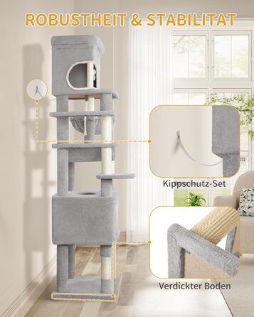 Когтеточка для котів Hzuaneri XXL (203 см) з великою платформою, 2 печери, 7 стовпчиків, помпонами, лежаками та гамаком. Підходить для всіх порід котів. MS20318YL (Світло-сірий)