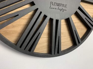 FLEXISTYLE Large Wall Clock Without Ticking Sounds, Wood Art Black, Living Room, Bedroom, Made in EU, z216-2 (50cm)