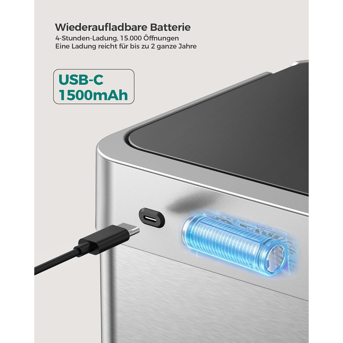 Сміттєвий бак кухонний сенсорний Lovewind 55л, нержавіюча сталь, USB-C, сріблястий