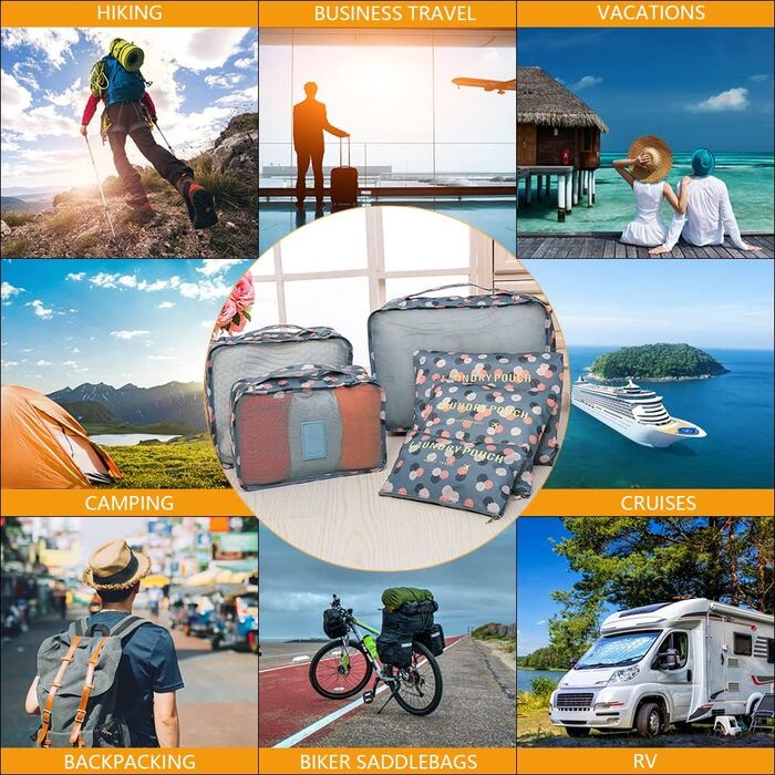 Органайзер для валізи Vicloon, набір 8/6 шт. - сумки-органайзери для подорожей, аксесуари для валізи, чохли для взуття, косметичні сумки, блакитний з квітковим принтом