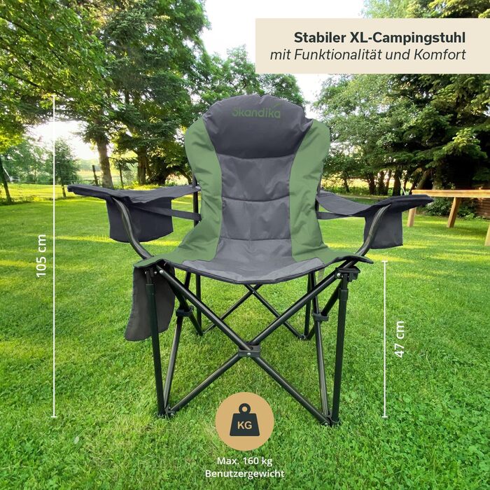 Кемпінговий стілець Skandika Relax Comfort зелено-сірий: розкладний стілець з підсклянником та охолоджувальним відсіком, до 160 кг