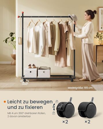 SONGMICS HOME Clothes Rack with Wheels, Coat Rack, 2 Clothes Rails, Shelf, Side Organizer, Matchstick-Shaped Hooks, Stable, Bedroom, Hallway, HSR171B01 (39W x 154.6H cm, Ink Black)