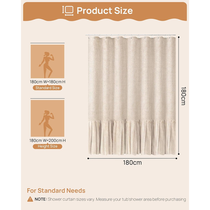 Штора для душу 180x180 см Бежева, Льняна текстура - Водонепроникна, з обтяженим краєм, 12 кілець, для ванної кімнати