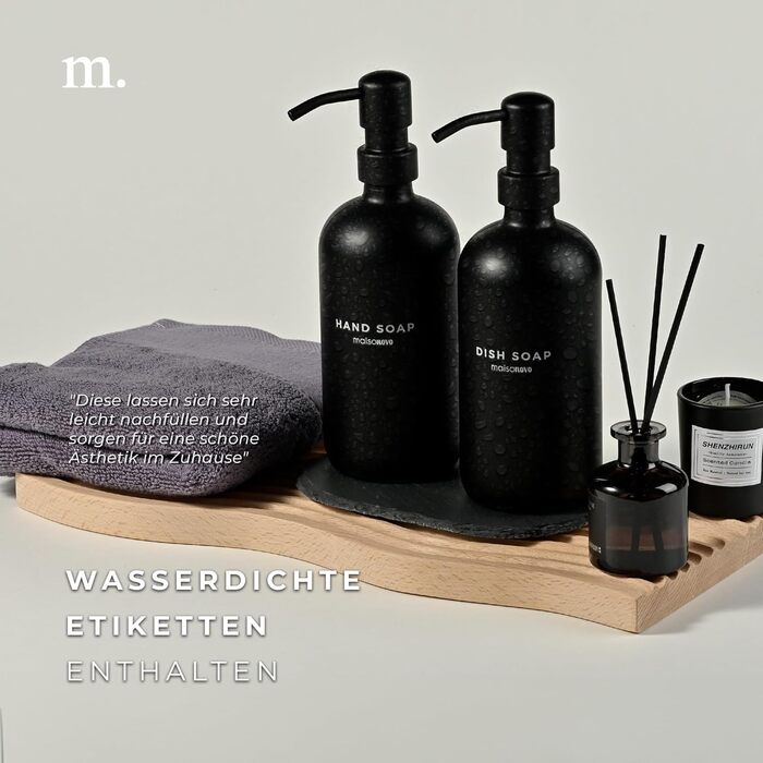 MaisoNovo Soap Dispenser Set - Soap Dispenser Kitchen - 500 ml Amber Bottles, Black Pumps, Glass Pump Dispenser, Soap Dispenser Set, 2-Piece Set and Concrete Tray - Dish Soap Dispenser Kitchen (Black Glass / Black Pump + Slate Tray)