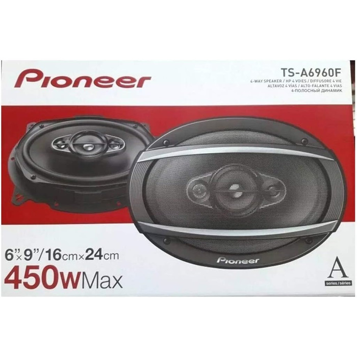 Автомобільні коаксіальні динаміки Pioneer TS-A6960F 6x9 дюймів, 4-смугові, 450Вт, комплект з 2-х, потужний звук, висока чутливість, монтаж 72 мм, решітка в комплекті