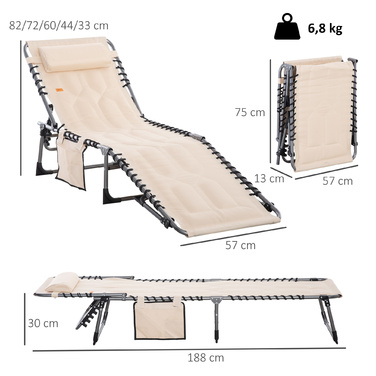 Outsunny Sun Lounger, foldable garden chair with headrest, side pocket, recliner with 5-position adjustable backrest, weather-resistant camping lounger with a weight capacity of 130 kg, for garden, beach, pool, Beige | Aosom