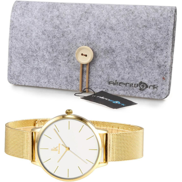 Жіночий годинник Alienwork IK Minimalist: ультратонкий, сітчатий ремінець (золотий / білий / золотий сітчастий ремінець)