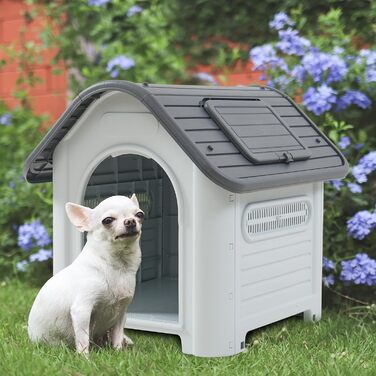 Будка для собак на вулицю Bello - вологостійка годівниця для собак з дахом та вентиляційними отворами, 87 x 72 x 75 см, пластикова, білий/сірий колір