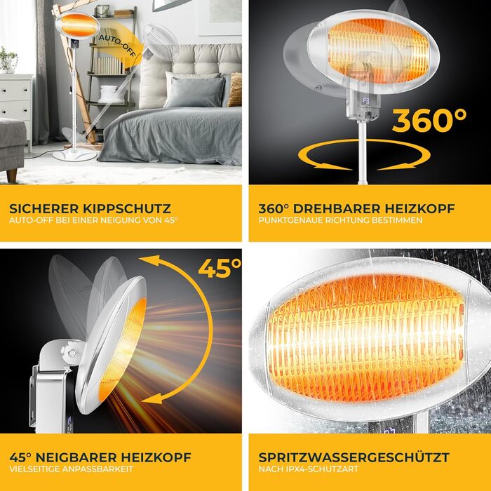 Інфрачервовий обігрівач KESSER® 2000W з Wi-Fi та пультом дистанційного керування, 360° обертання, регулювання висоти, настінний/підлоговий монтаж, захист від перекидання, IPX4, для тераси, балкону та саду