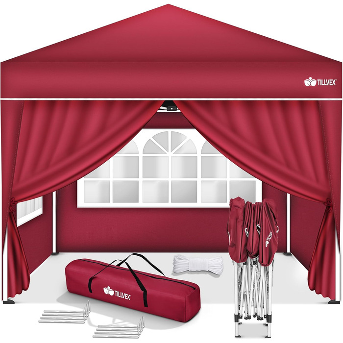 Waterproof Gazebo | Pop-Up Folding Gazebo, Adjustable Height | Garden Tent UV Protection 50+ | Party Tent with Bag for Garden (3x3m - with 4 Side Walls, Red)