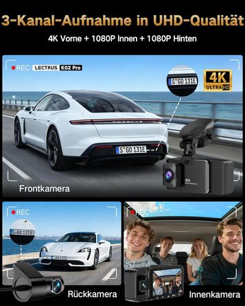 3-канальний автомобільний відеореєстратор 4K (передній, задній, салонний), 170° широкий кут, нічна зйомка, паркування 24/7, G-сенсор, WiFi 5.8 ГГц, SD-карта 64ГБ, чорний