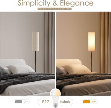 Світлодіодна торшер 9W з регулюванням яскравості, 3 колірні температури, Е27, абажур з льону, вимикач на ніжці, вінтажний стиль, сірий колір