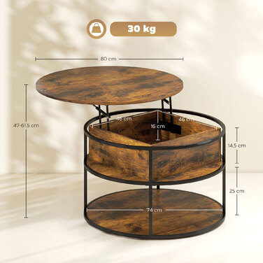 HOMCOM Adjustable Height Round Coffee Table Ø80 cm Living Room Table with Storage Shelf and Hidden Storage Space, Coffee Table Side Table for Living Room, Brown | Aosom