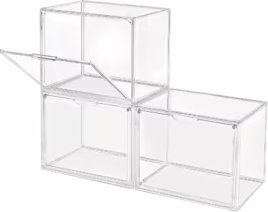 GUDEMAY Transparent Stackable Plastic Boxes with Magnetic Closure - Dustproof Storage Display Case Showcase Ideal for Figurines, Books, Cosmetics, Shoes, and Handbags (3-Piece Set) Transparent - 3-Piece Set