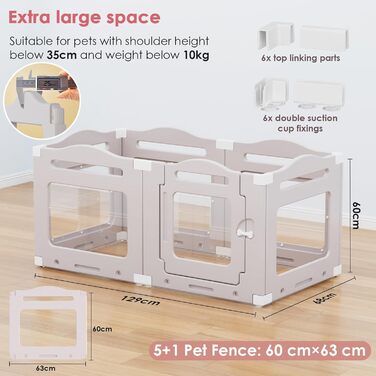 Клітка для цуценят з акрилу 60 см, 7 шт. + 1 вольєр для собак з дверцятами, без решіток, для дому, з присосками, прозора, теплий сірий (5+1)