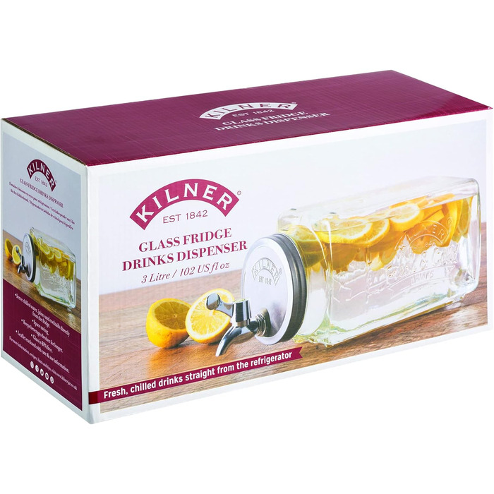 3-Liter Refrigerator Beverage Dispenser with Tap, Glass/Metal, Dimensions: 32.7 x 14 x 18 cm
