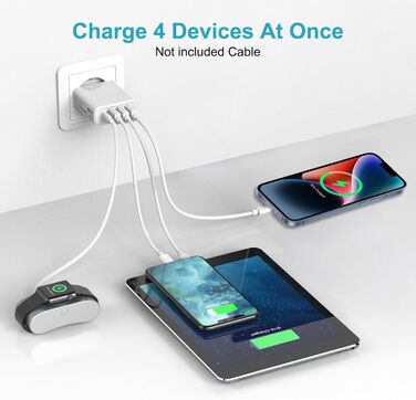 Мережевий зарядний пристрій USB-C 40W з 4 портами PD та QC3.0, для iPhone 15/14/13/12/11, Samsung S24/S23/S22