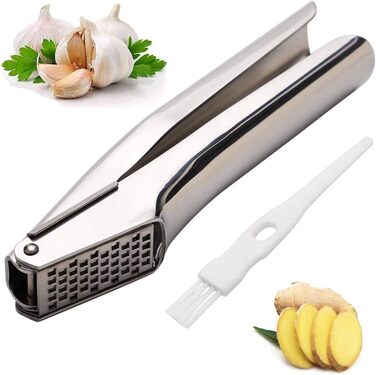 Stainless Steel Garlic Press with Cleaning Brush - Professional Grade for Kitchen, Restaurant, Hotel & Culinary Use