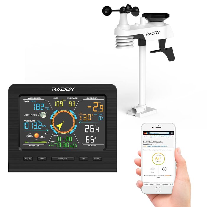 Метеостанція Raddy WF-100C Lite: Професійна бездротова метеостанція 13-в-1 з датчиком, барометром, гігрометром, термометром (внутрішнім/зовнішнім), вимірювачем вітру та дощу, прогнозом погоди для дому та саду