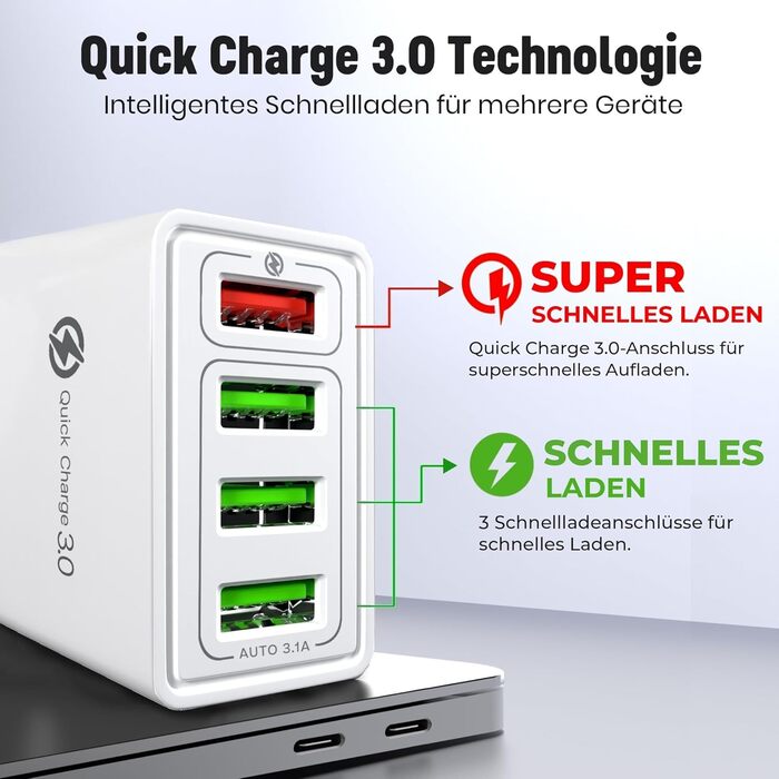 Мережевий адаптер USB 33W з 4 портами, швидка зарядка QC 3.0, для iPhone 16/15/14/13/12/11, Samsung, iPad та інші пристрої