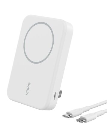 Бездротовий павербанк Belkin BoostCharge Pro 10000mAh з підтримкою Qi2 та MagSafe, портативний зарядний пристрій зі стійкою для iPhone 17, 16, 15, 14 та Pixel, білий