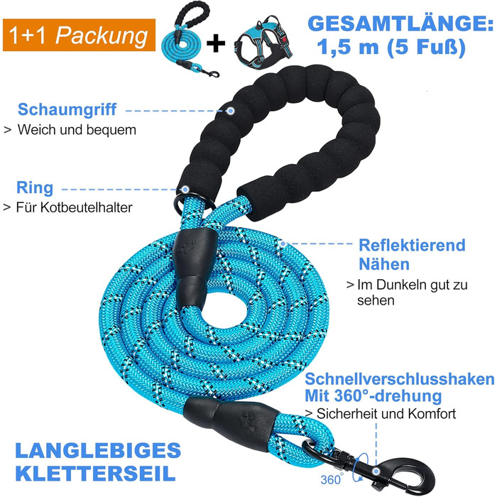 Нашийник для собак Haapaw без натягу, регульований, світловідбиваючий, Оксфорд, зручне керування, середній розмір, міцна собача лінія, синій (1 шт.)