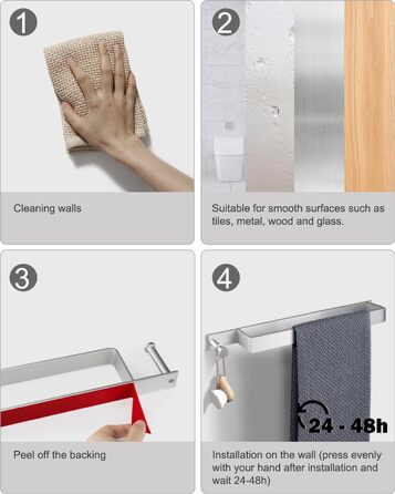 Тримач для рушників LIVEHITOP без свердління, нержавіюча сталь, самоклеючий, сріблястий, 43.5 см, з гачками для ванної кімнати (1 шт.)