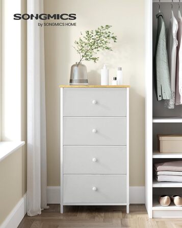 SONGMICS Chest of Drawers, Storage Cabinet with 4 Fabric Drawers, Metal Frame, Tall and Narrow, White-Oak Finish LTS314W57