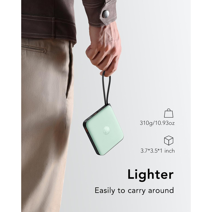 Power Bank VRURC 20000mAh з кабелем USB-C 22.5W QC3.0 Швидка зарядка Зовнішній акумулятор для iPhone, Huawei, Android (Зелений)