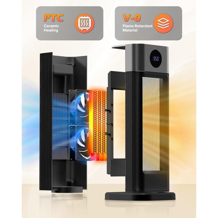 Електричний обігрівач PTC 2000W з термостатом, дистанційним керуванням, таймером та захистом від перегріву. Обігрівач для дому, офісу, спальні.