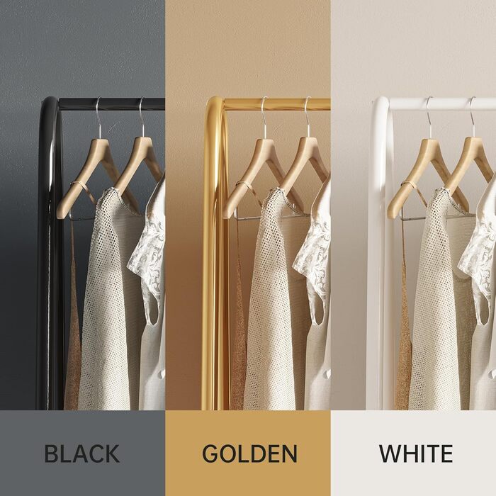 Robust metal clothes rack with double shelves for hanging clothes, freestanding and portable, 62 L x 35 W x 157.5 H cm, space-saving, gold