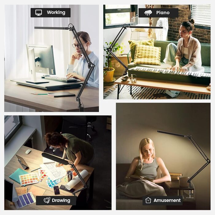 SKYLEO LED Desk Lamp with Adjustable Gooseneck - 80cm Height, 5 Color Modes, 11 Brightness Levels, Timer & Memory Function, 12W, Black - Clamp-On Design