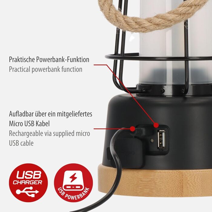 Brennenstuhl LED Rechargeable Camping Lantern CAL 1 (350 lm, IP44, up to 75h runtime, infinitely dimmable, adjustable color temperature, rechargeable USB outdoor lamp with hemp rope and bamboo base)
