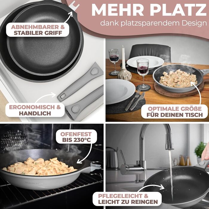 Набір сковорідок TraumLeben Neu 2 шт. 24/28 см з знімними ручками, антипригарне покриття, без PFOA, для індукції, сумісний з духовкою | сковорода, універсальна сковорода (сірий)
