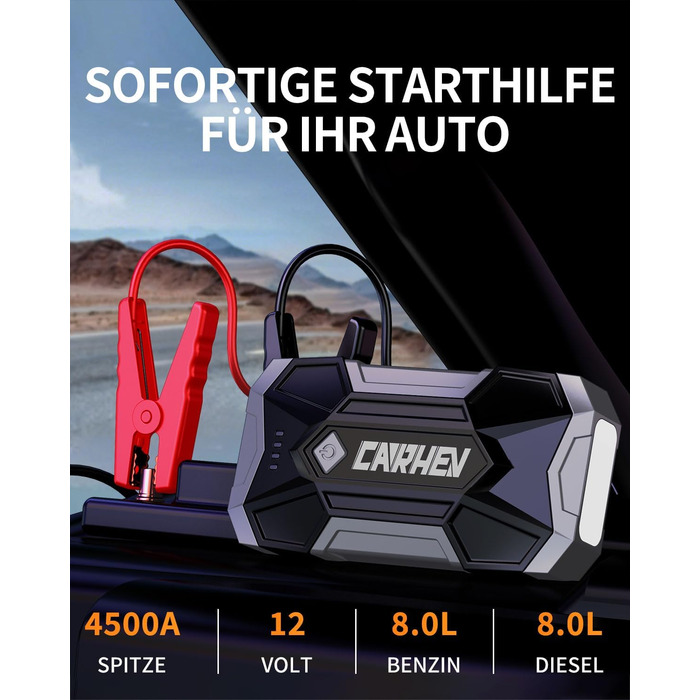 Powerbank для авто Starthilfe: 4500A, 8.0L (бензин/дизель), 12V, LED, Jump Starter з кабелями та 2 USB