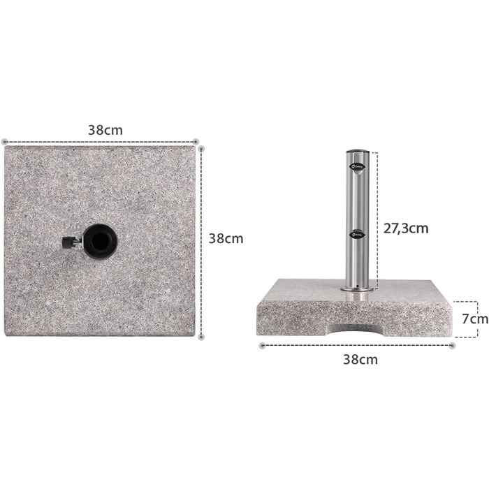Sekey Parasol Stand with Stainless Steel Tube, High-Quality Base, for Umbrella Poles up to 22-38 mm, Balcony Parasol Stand 25KG Square Grey