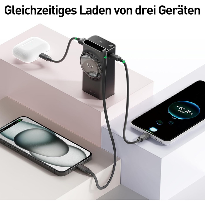 Power Bank iWALK 10000mAh з вбудованим кабелем USB-C 70см, 3 виходи, 30W PD, для iPhone, Samsung, Android, iPad (Чорний)
