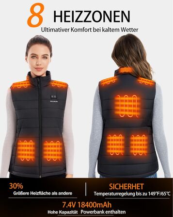 Тепла жилетка для жінок з акумулятором 18400mAh 7.4V – 8 зон нагріву, водовідштовхувальна, легка, пральна, для активного відпочинку, чорна