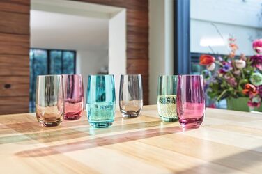 Leonardo Sora Drinking Glasses, Set of 6, Colorful Glass Set, Dishwasher-Safe Juice Glasses, Water Glasses, Drinking Cups in 6 Colors, 390 ml, Assorted Colors, 047287