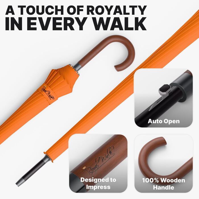 Гольф-парасолька Royal Walk XXL 54 дюйми (140 см) для 2 особи, штормстійка, легка, класична, дерев'яний руків'я, 16 ребер, унісекс (Помаранчевий)