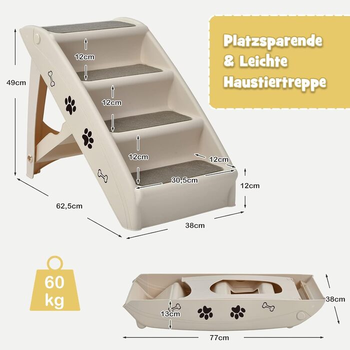 COSTWAY 4-Step Pet Stairs with Carpet, Dog Stairs Plastic Cat Stairs Foldable, Portable Dog Ramp Pet Stairs for Dogs and Cats, Pet Ramp for Climbing and Scratching (Beige)