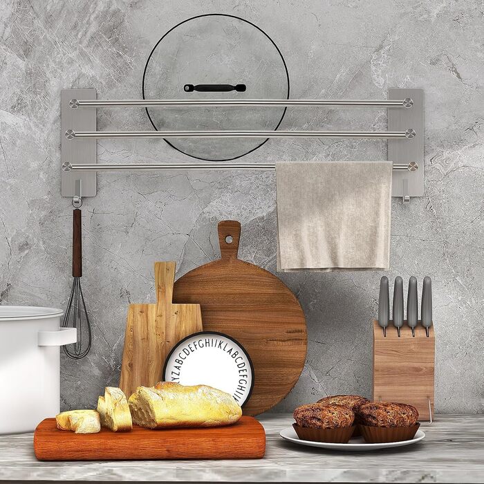 Тримач для рушників Vista з 3-ма перекладинами без свердління, нержавіюча сталь SUS304, сріблястий, з двома гачками, 60 см