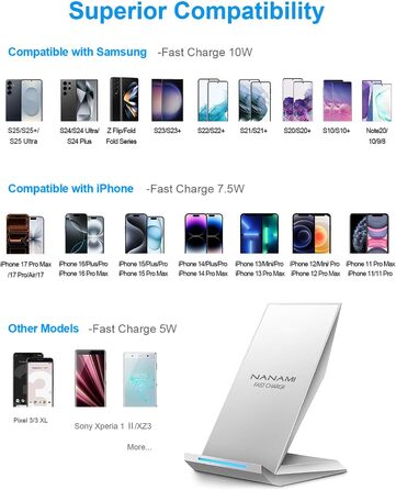 Бездротовий зарядний пристрій NANAMI для iPhone 17/16/15/14/13/12/11 Pro Max/XS/XR/X/8+, Samsung Galaxy S26/S25/S24/S23 - Швидка індуктивна зарядка, сріблястий колір