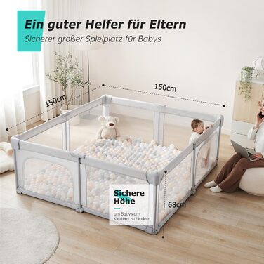 Doradotey playpen baby 150x150cm, foldable baby gate with breathable mesh, baby playpen with two zipper doors, stable grey children's playpen 150x150x68cm Grey