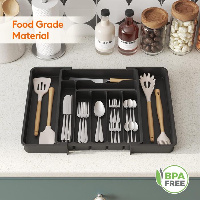 Органайзер для столових приборів Lifewit в шухляду, розсувний, пластиковий, 7-9 відділень, 38-50 см, чорний