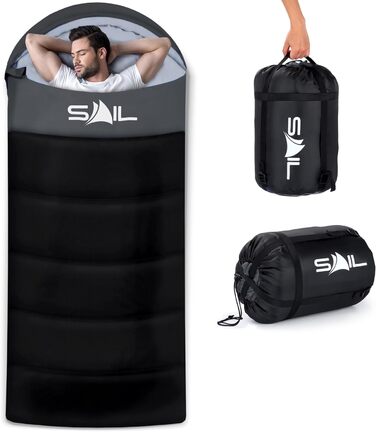 Сплячий мішок SAIL XL для великих людей, 3-4 сезони, 1,6-2,7 кг, легкий, водонепроникний, для відпочинку на природі, походів, кемпінгу (Чорний)
