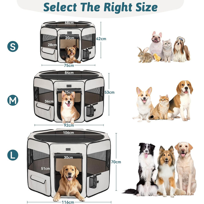 PETSFIT Розкладний вольєр для цуценят та дрібних тварин: собак, котів. Розкладний вольєр для собак з водонепроникним дном, система Pop-up, безпечний дизайн, сірий/зелений, 92 x 64 x 53 см (S, сірий)