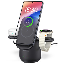 Бездротова зарядка SwanScout 3-в-1 для Samsung S25 Ultra, S24, S23, Z Flip 7, Z Fold 7, Galaxy Watch 8/Ultra/7/6/5/Buds, білий (чорний)