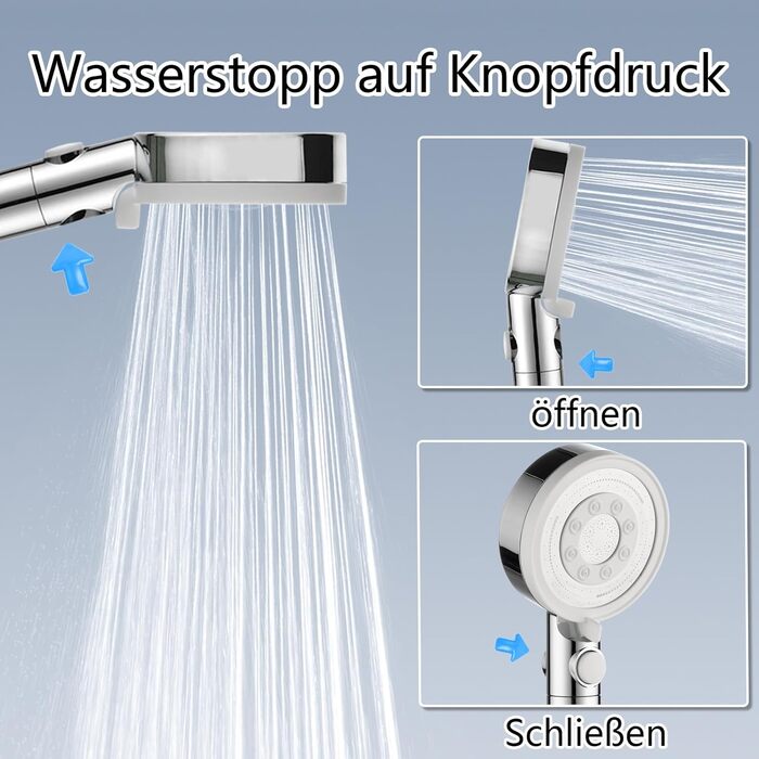 Fall Shower Head with Filter - High-Pressure Handheld Shower with 1.5M Hose, Shower Head with 5 Spray Patterns and Stop Function, Shower Head with Hose, Chrome (Chrome and White)